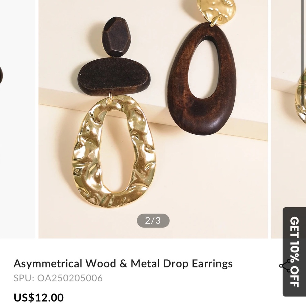 Asymmetrical Wood and Gold Metal Drop Earrings
